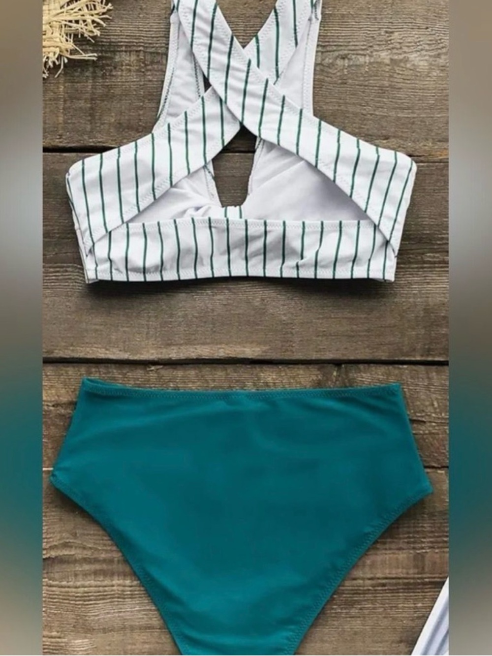NWT Cupshe Teal Solid and Striped High Waisted Bikini Sz M - Picture 5 of 6